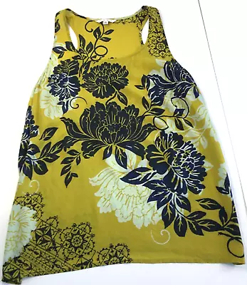 CABI WOMENS SIZE LARGE Silk/Viscose Bali Floral TANK TOP Blue Yellow Semi Sheer • $12.99