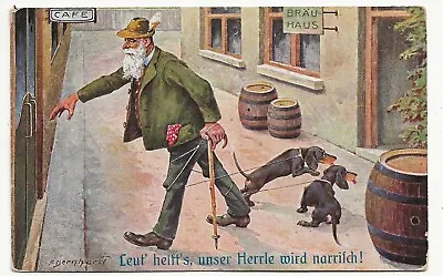 Postcard Comic Germany Artist F Bernhardt Pub Cafe Dachshund Dog Joke • £5.99