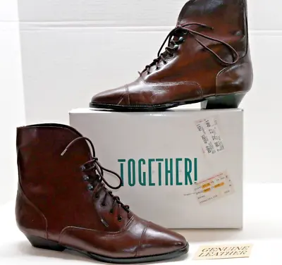 NOS Together Vintage Ankle Boots Brown Leather Granny Lace Up Women's 10 B • $49.99