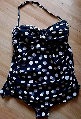 JANTZEN 50s Vintage Style Black White Dots Halter Neck Ruched Skirt Swimsuit 12 • £6.99