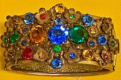 ANTIQUE VICTORIAN Ornate Metal BANGLE BRACELT BLUE GREEN RED ORANGE RHINESTONES • $15.50