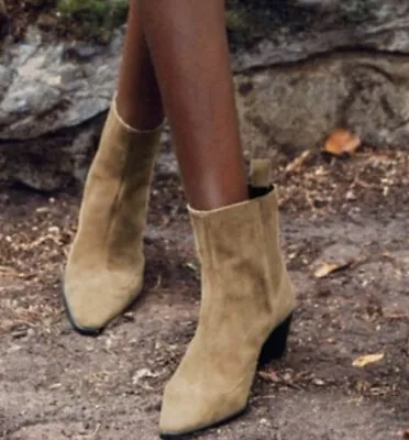 $34 • Buy ZARA Beige Pointed Toe Heel Zip Coastal Cowgirl Block Heel Ankle Boots Suede  36