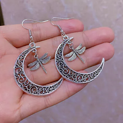 925 Sterling Silver Crescent Moon Dragonfly Fashion Dangle Drop Hook Earrings • $13.74