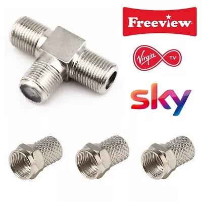 F Type Tee Junction Connector Splitter & 3 Plugs TV Virgin Cable Sky & Freeview • £2.99