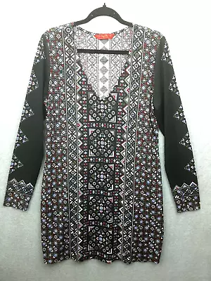 Tigerlily Size 14 Black Long Sleeve Stretch Jersey Geometric Print V-neck Dress • $32