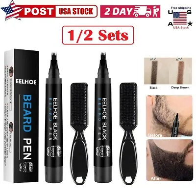2 × Men Beard Filling Pen Hair Grower Filler Moustache Eyebrow Brush Tool Kit US • $7.99