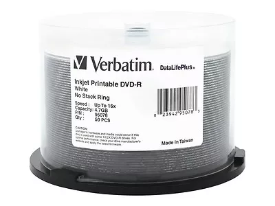 Verbatim DataLifePlus White Inkjet DVD-R Media 16x 4.7GB 50-Pack Spindle • $28.71