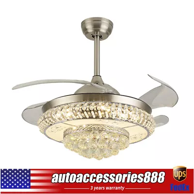 LED Crystal Chandelier Invisible Ceiling Fan Light Retractable Blade+Remote 42in • $108.10