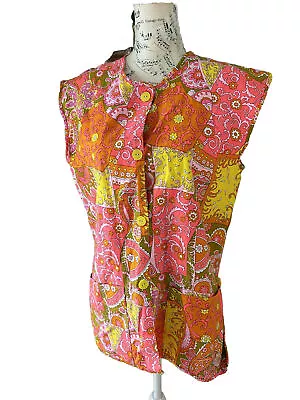 Vtg 60s Bright Floral  Psychadelic Sleeveless Tunic Shirt Top L Orange Pink • $19.98