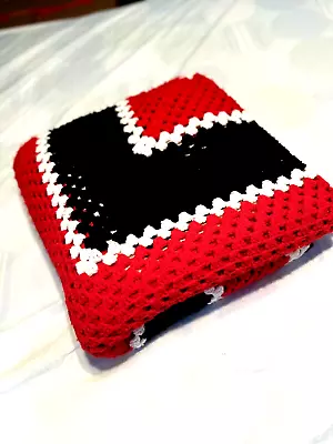 Vtg Homemade Afghan Blanket  Crocheted  64 X66  Black Red Colorful Crochet FrShp • $34.99