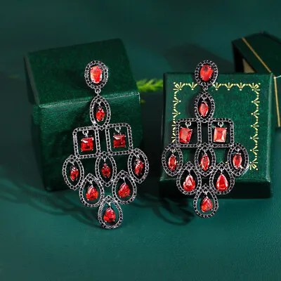 Black Gold Plated CZ Red Square Leaf Drop Earrings Long Chandelier Party Jewelry • £12.15