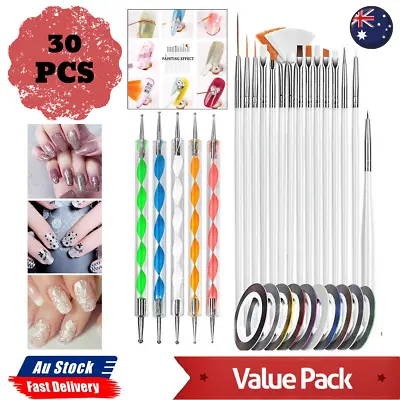 Nail Art Painting 30pcs Design Brushes Dotting Drawing Pen Kit Striping Tape Set • $6.49