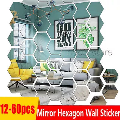 60X 3D Hexagon Mirror Tiles Wall Stickers Self Adhesive Decor Stick On Art Home • £5.45