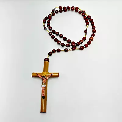 Catholic Rosary Wooden 35” Long W/ Large Brown Beads Cross Hand Made In MEXICO • $12.96