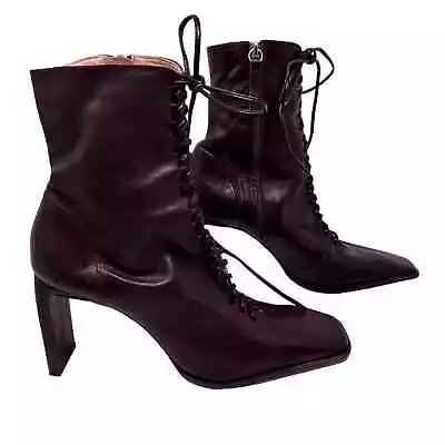 Zara Genuine Leather Dark Brown Lace Up Square Toe Block Heel Ankle Boots SZ 41 • $74