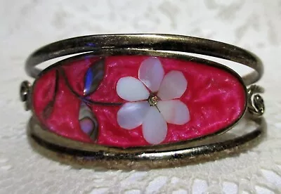 Vintage Abalone Mother Of Pearl Flower Inlay Alpaca Mexico Silver Tone Bracelet • $19.95