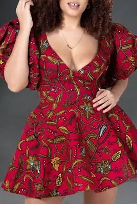 $67.83 • Buy Deep V Neck African Mini Dress Nigerian Kente Print Ankara African Red Dress