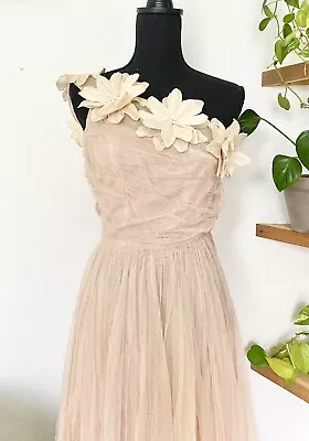 50s Tulle Prom Party Cupcake Vintage Appliqué Floral Dress One Shoulder • $180