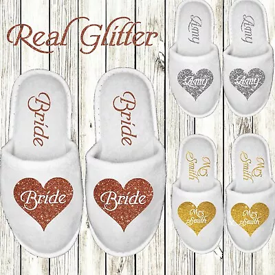 White Heart Spa Slippers Wedding Closed Toe Personalised Print Novelty Bridal • £5.99