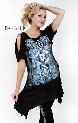 New VOCAL Womens CRYSTAL BLACK BLUE AZTEC COLD SHOULDER TUNIC SHIRT S M L XL • $44.60