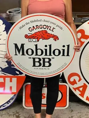 Antique Vintage Old Style Sign Mobiloil BB Mobil 24  Round Gasoline Made USA • $149.95