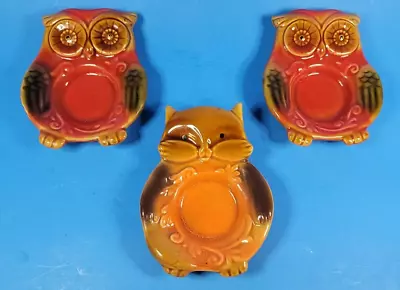 Owl & Cat Tealight Ceramic Votive Candle Holders Trinket Ring Catcher Lot Of 3 • $24.95