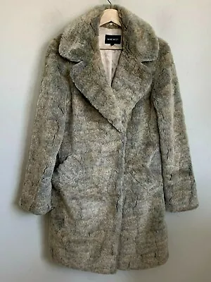 Nine West Womens Coat Taupe Collared Rabbit Faux Fur Snaps Pockets Lined Size M • $69.95