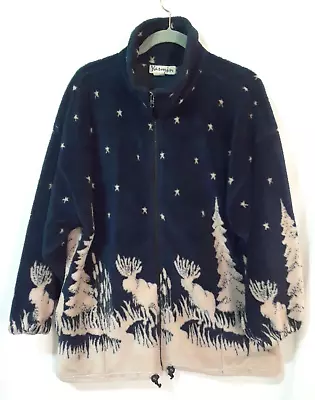 VINTAGE YASMIN FLEECE JACKET Womens SZ XL Blue And Cream Moose Print • $19.99