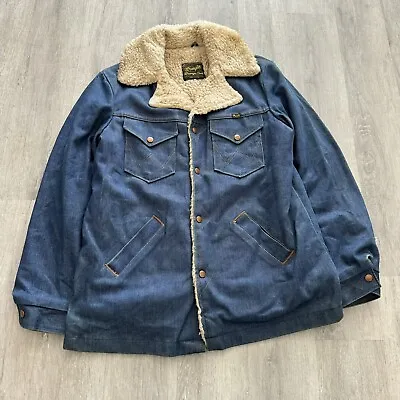 Vintage Wrangler Wrange Coat Sherpa Denim Jacket Mens Med USA Made Chore Barn • $59.99