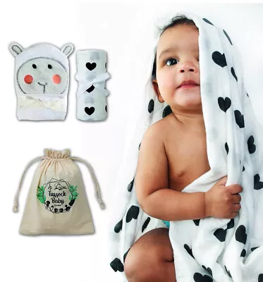 2 Piece Muslin Swaddle Blanket + Hooded Towel Baby Set | Premium 70% Bamboo 30%  • £9.99