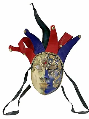 Mardi Gras Carnival Handmade Joker Jester Tarot Mask Red Black Blue Gold Bells  • $42