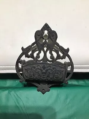 Vintage Black Cast Iron Wall Mount Match Box Match Safe Holder Ornate Scroll • $12