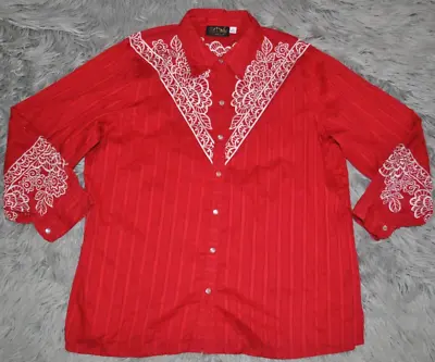 BOB MACKIE Wearable Art Red Western Embroidered Button Up Shirt 2X Womens • $26.50