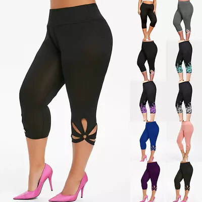 Plus Size Women Stretch 3/4 Capri Pants Ladies Cropped Sports Leggings Trousers • £10.89