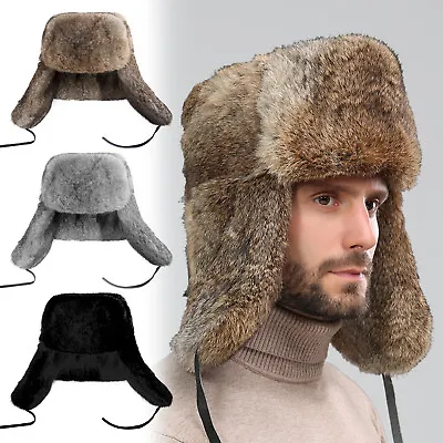 Mens Womens Winter Soft Warm Faux Rabbit Fur Hat Trapper Earflap Ski Cap Ushanka • £17.15