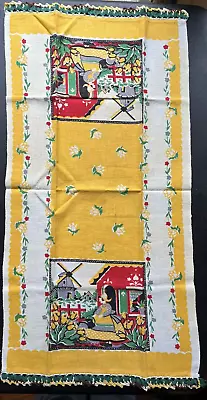 Vintage Linen Tea Towel Bright Dutch Scene Yellow W/Trim 17x33 • $14.99