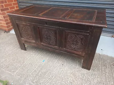 17th Century Carved Three Panel  Oak Coffer. • £450