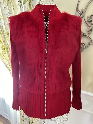 Mob Wife Red Rabbit Fur Sweater Cardigan Jacket Large Rhinestone • $53.99