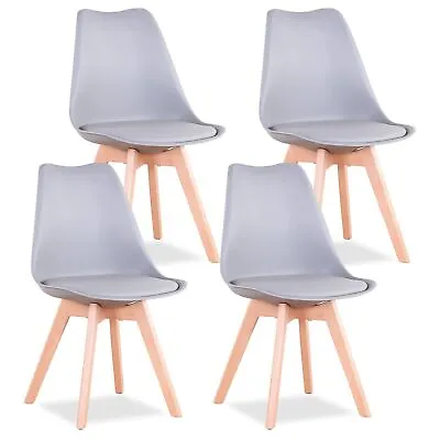 Set Of 4 Dining Chair Tulip Chairs Wooden Legs Office Kitchen Padded Seat Grey • £75.99