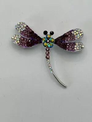 Dragonfly Brooch Rhinestone Aurora Borealis Pin Silver Tone Metal • $13.50