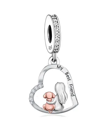 Girl & Dog My Best Friend Heart Charm Genuine 💜 925 Sterling Silver Gift • £16.99
