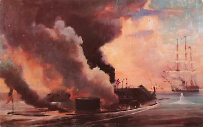 Postcard Civil War Battle Of USS Monitor And Merrimack Hampton Roads Naval Smoke • $5.99