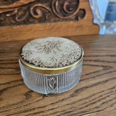 Vintage Glass Vanity Jar Art Deco MCM Decorative Metal Lid Brocade Top 4 Legs • $10.95