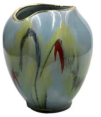 Vintage Mid Century Modern German Vase Art Pottery Turquoise & Yellow & Red 4” • $34.95