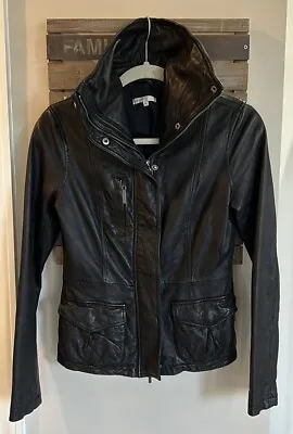 Vince Black Leather Moto Peplum Zip Snap Jacket Sz Xs • $79.99