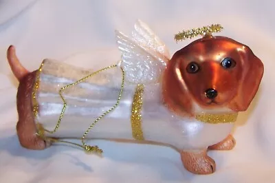 Dachshund Angel Dog Glass Christmas Ornament-Gold Tone Halo Glittery Wings-New • $8.55