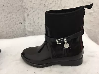 MK Michael Kors Rain Boots Womens 6 Shiny Black Metal Buckle MK Logo Mid • $12.59