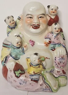 Chinese Asian Laughing Happy Buddha With Climbing Children Porcelain Vintage • £142.48