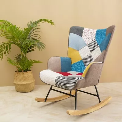 Mid Century Fabric Rocking Chair Wood Legs Patchwork Linen • $150.07