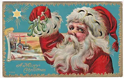 C1910 Santa Claus With Mistletoe~Vintage Embossed Merry Xmas Christmas Postcard • $9.35